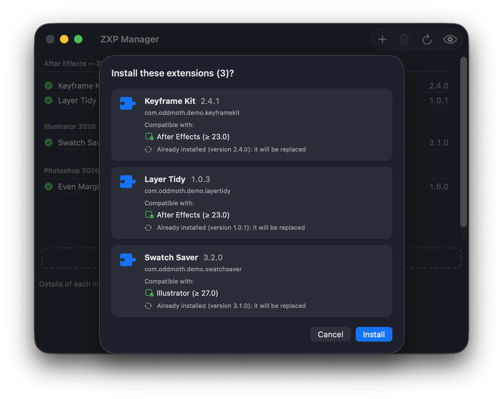 Install preview showing extensions, their versions and compatible apps