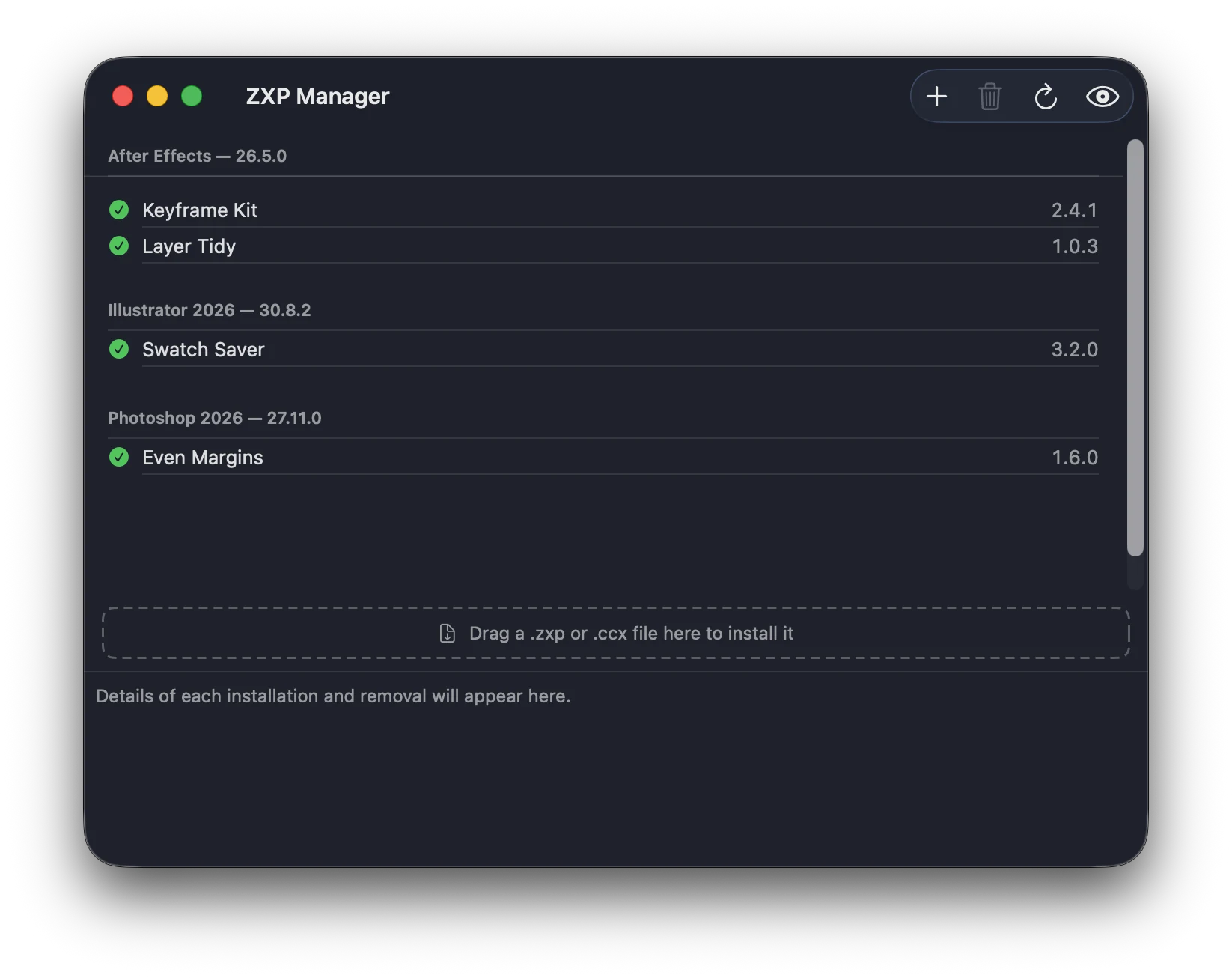 ZXP Manager window listing installed extensions, grouped by Adobe app